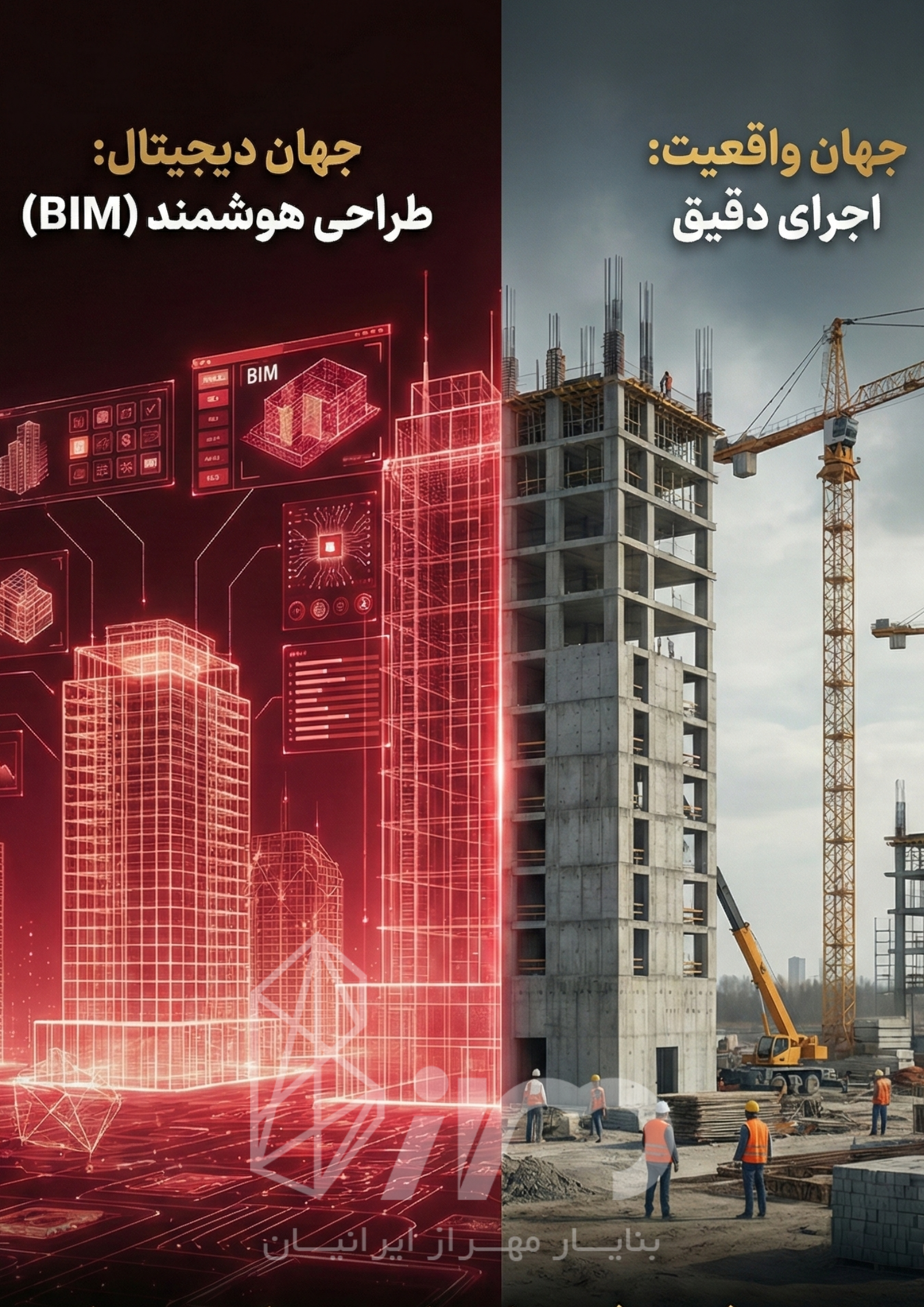 پوستر عمودی رویداد پارک علم و فناوری سمنان با موضوع نقش BIM در اتصال پژوهش و اجرا توسط شرکت بنا یار مهراز ایرانیان؛ نمایش گرافیکی تقابل دنیای دیجیتال و کارگاه ساختمانی